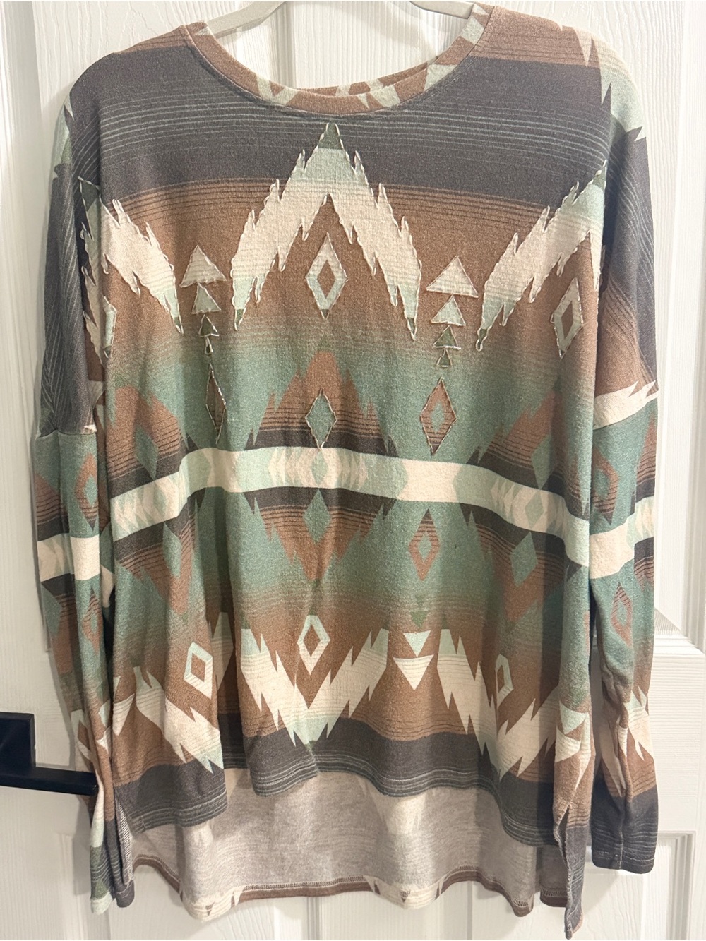 Double D Ranch Top 2X Southwestern Aztec Beaded Studded Sage Brown Long Sleeve